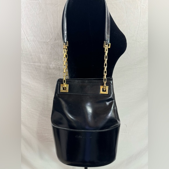 Salvatore Ferragamo Black Patent Leather Shoulder Bag with Gold-Tone Chain - Picture 2 of 11